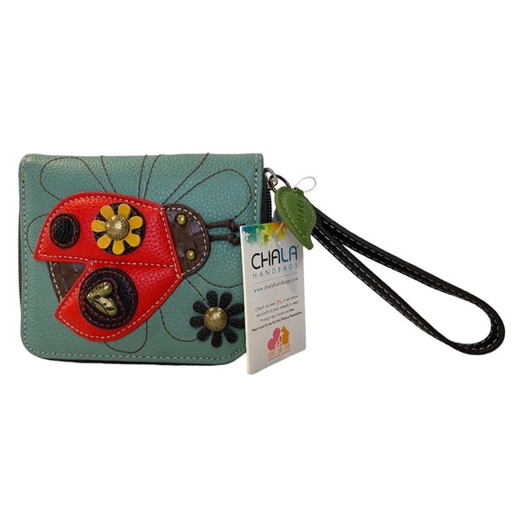 Chala Bags Chala Handbags Vegan Leather Whimsical Ladybug Teal Zip Around Wristlet Wallet